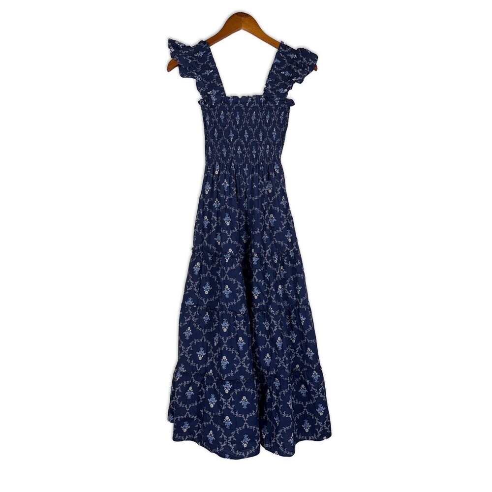 Hill House The Nap Dress Navy Trellis Floral Smocked Flutter Sleeve Midi Dress M